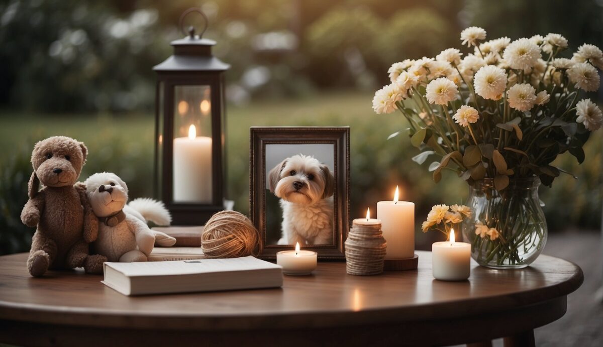 A serene garden with a pet's favorite toys, a photo, and candles. A small table holds a vase of flowers and a framed poem