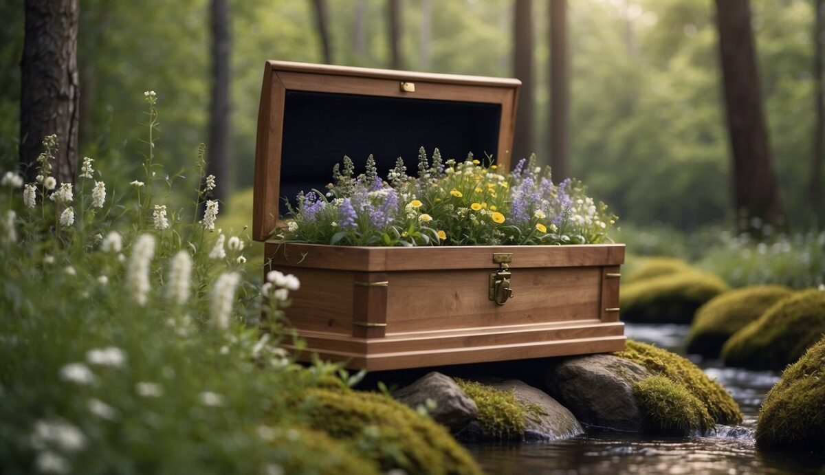 A tranquil forest clearing with a biodegradable pet casket surrounded by native wildflowers and a gentle stream