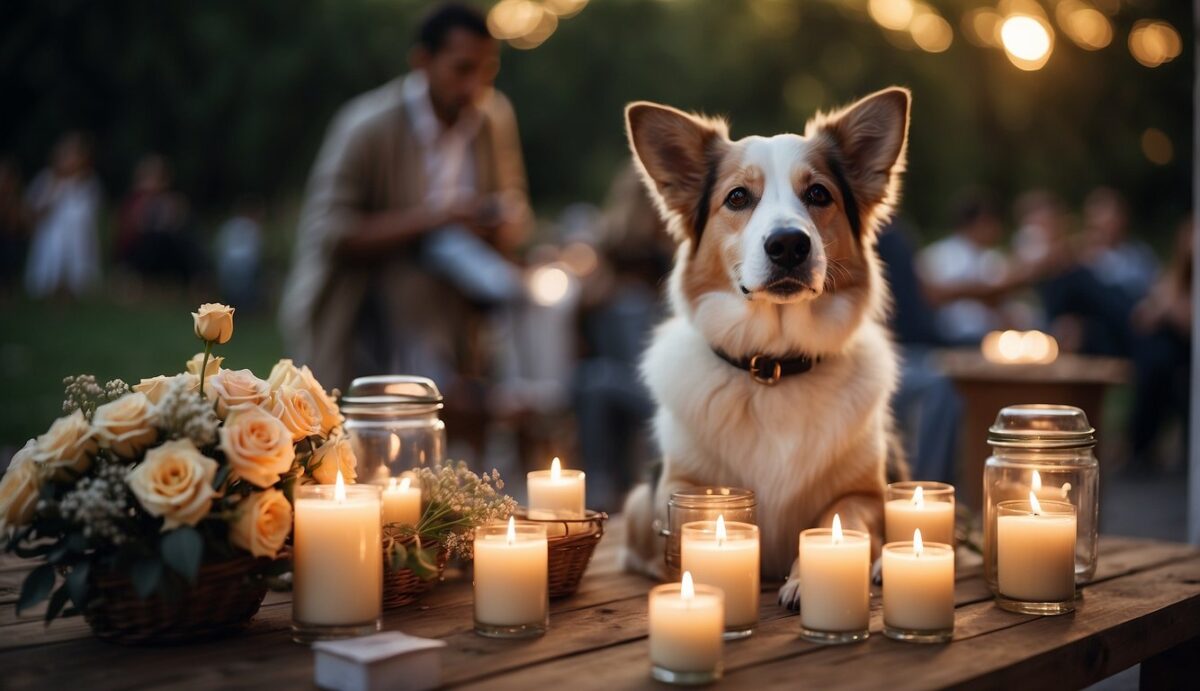 A dog memorial service scene: A serene outdoor setting with a memorial table adorned with flowers, candles, and photos of the beloved companion. A group of people gathered, sharing memories and comforting each other