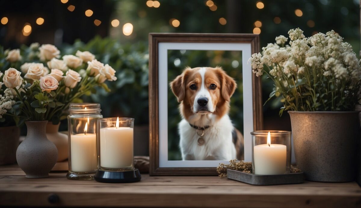 A dog memorial service: A peaceful garden with flowers, a framed photo of the beloved dog, and a small table with candles and a memorial plaque