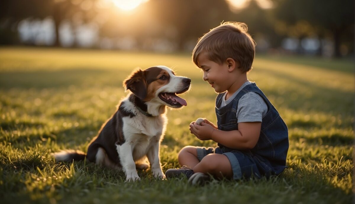 A child sits on the grass, hugging their dog's favorite toy. The sun sets behind them, casting a warm glow as they reminisce about their beloved pet