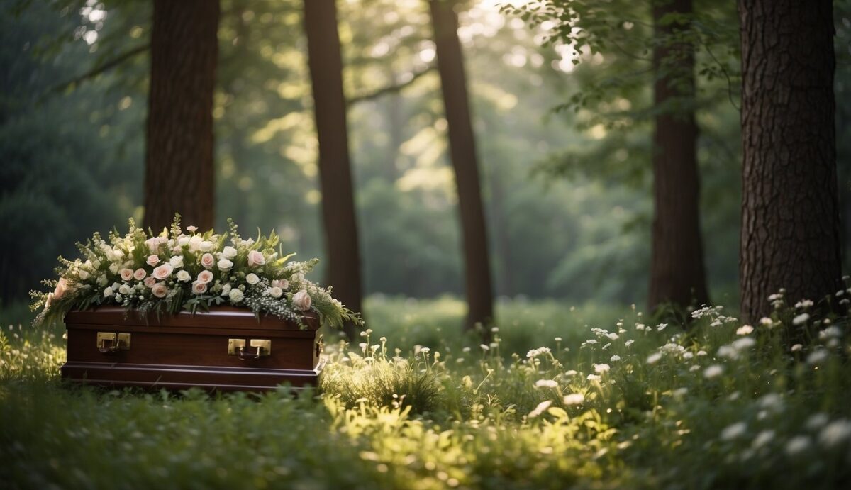 A serene forest clearing with a biodegradable casket surrounded by wildflowers, a peaceful stream, and towering trees. The scene exudes eco-friendly and respectful burial options for beloved pets
