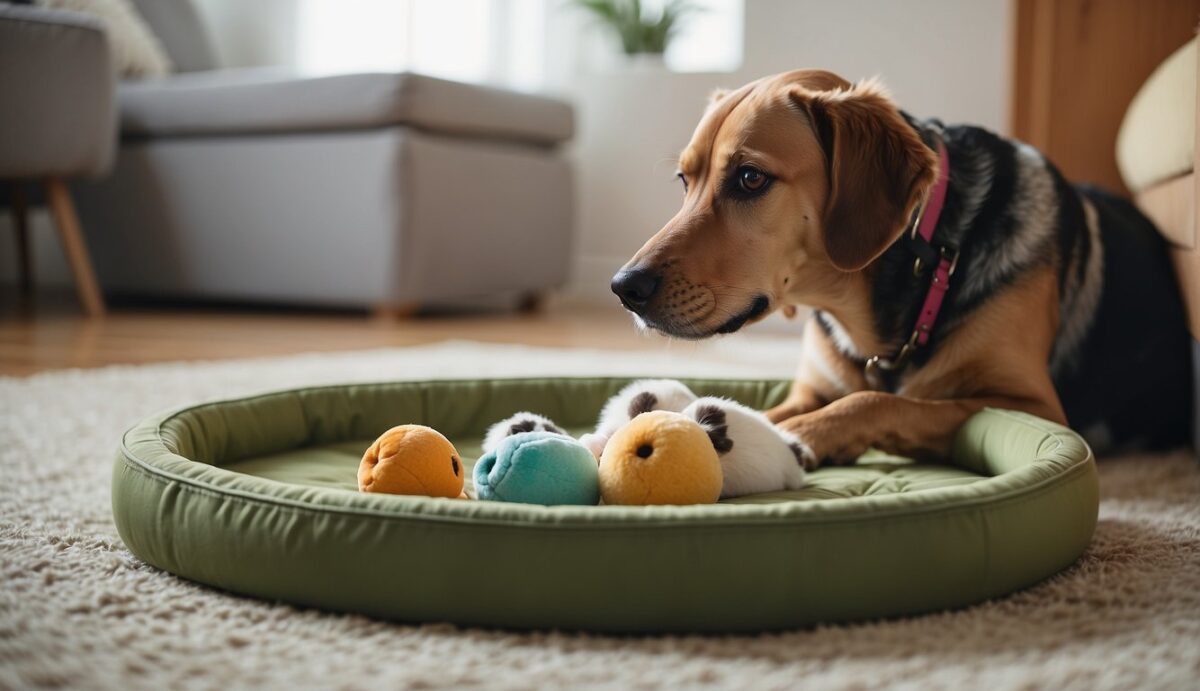 Other pets gather around a dog's empty bed, looking sad. One pet nuzzles the dog's favorite toy, while another sniffs the dog's collar