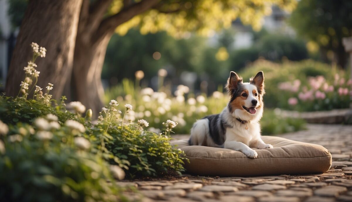 A peaceful garden with a dog's favorite toy, a cozy bed, and a memorial stone under a leafy tree, surrounded by flowers and butterflies