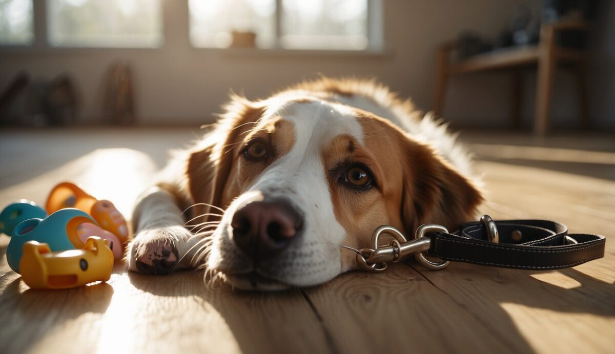 A dog's empty collar and leash lay on the floor, surrounded by scattered toys and a half-full water bowl. A single ray of sunlight streams through the window, casting a soft glow over the quiet, somber scene