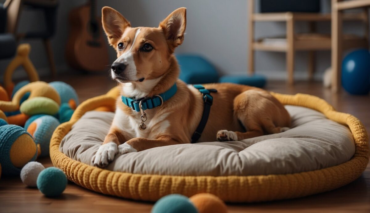 A dog's empty bed surrounded by toys and a leash, with a person looking at it with a pained expression