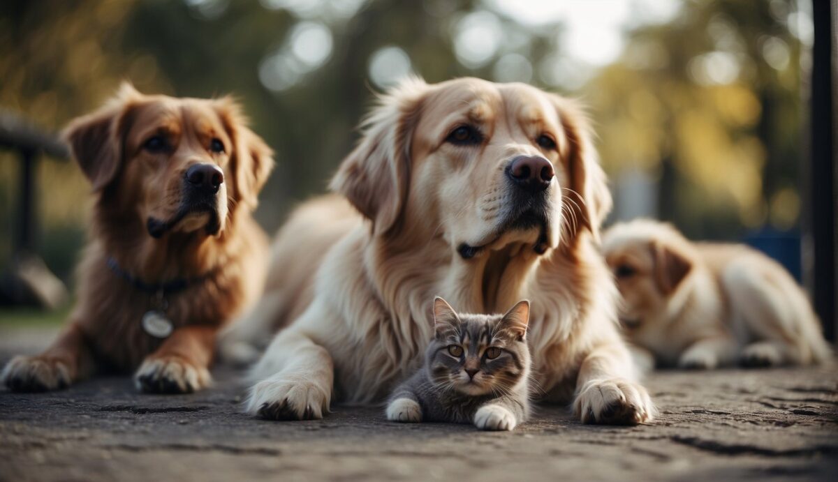 Pets gather around a resting dog, showing signs of grief. Other pets look on, receiving comfort from their owners