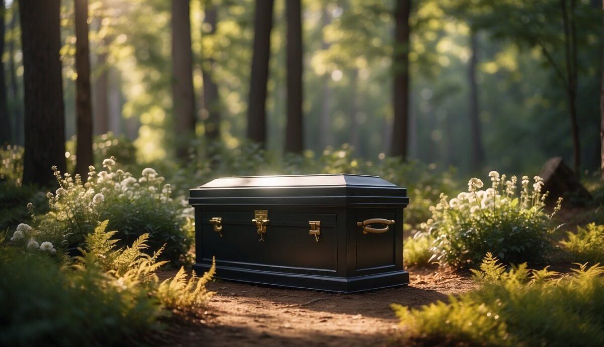 A peaceful forest clearing with biodegradable caskets and urns surrounded by native plants and flowers. A gentle breeze rustles the leaves as sunlight filters through the trees