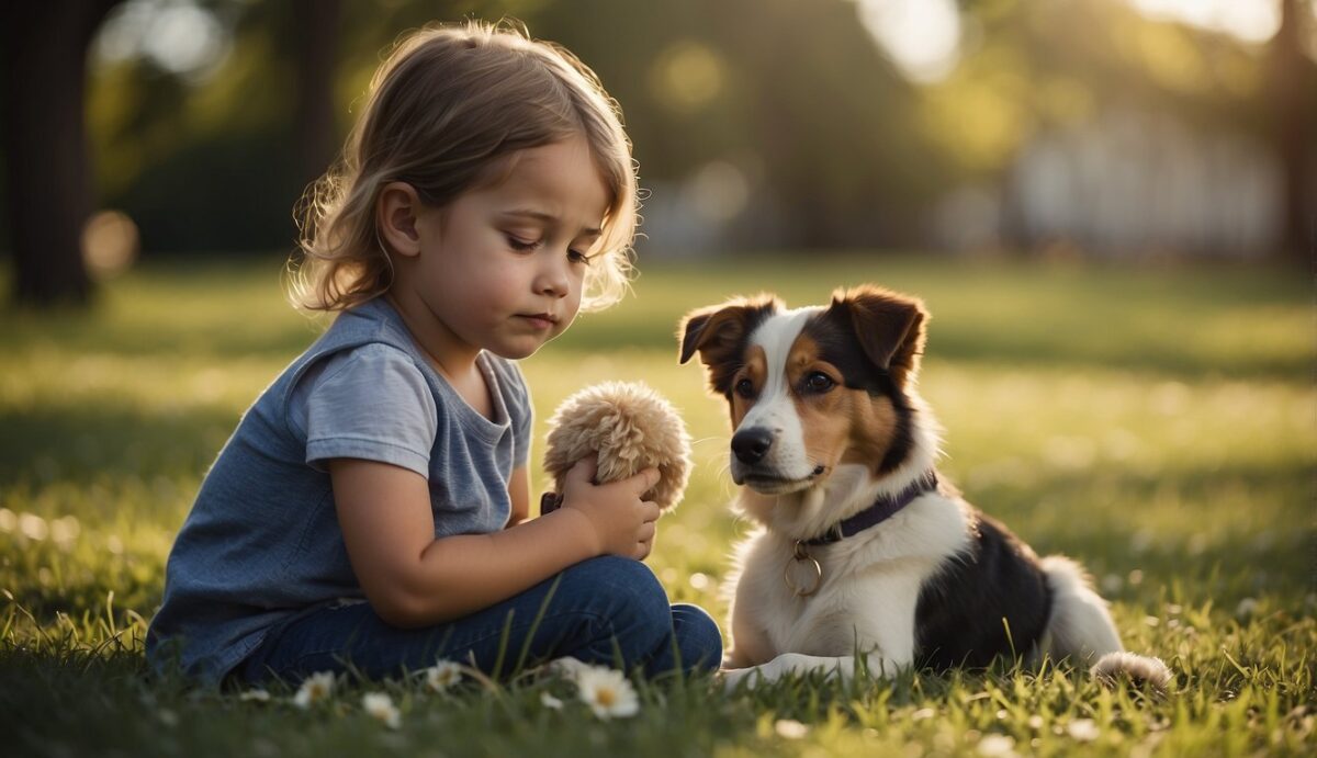 A child sits on the grass, hugging their knees, while a dog toy lies next to them. The child looks sad, with tears in their eyes, as they remember their beloved pet