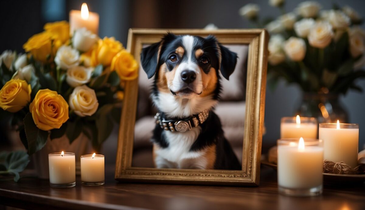A dog's collar and favorite toy placed on a table, surrounded by candles and flowers, with a photo of the dog in a special frame