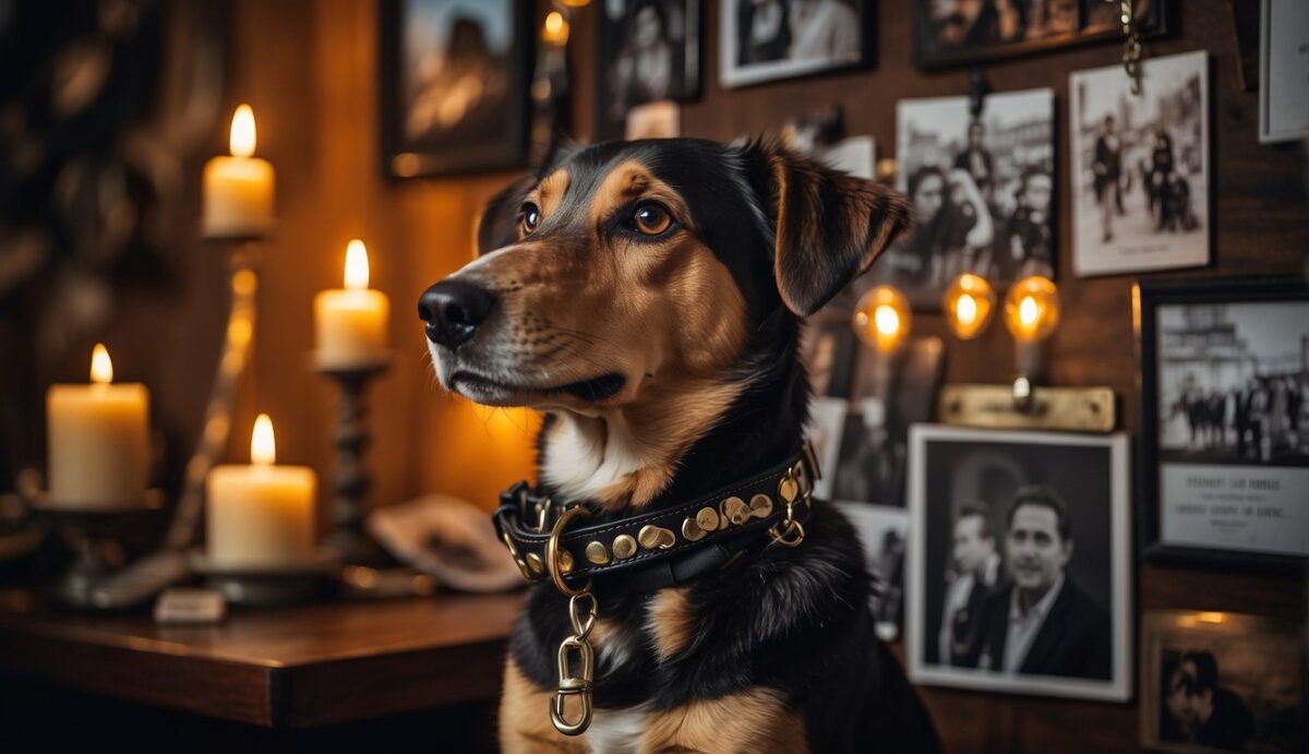 A dog's collar and leash hung on a hook, surrounded by photos and memorabilia, with a single candle burning in remembrance