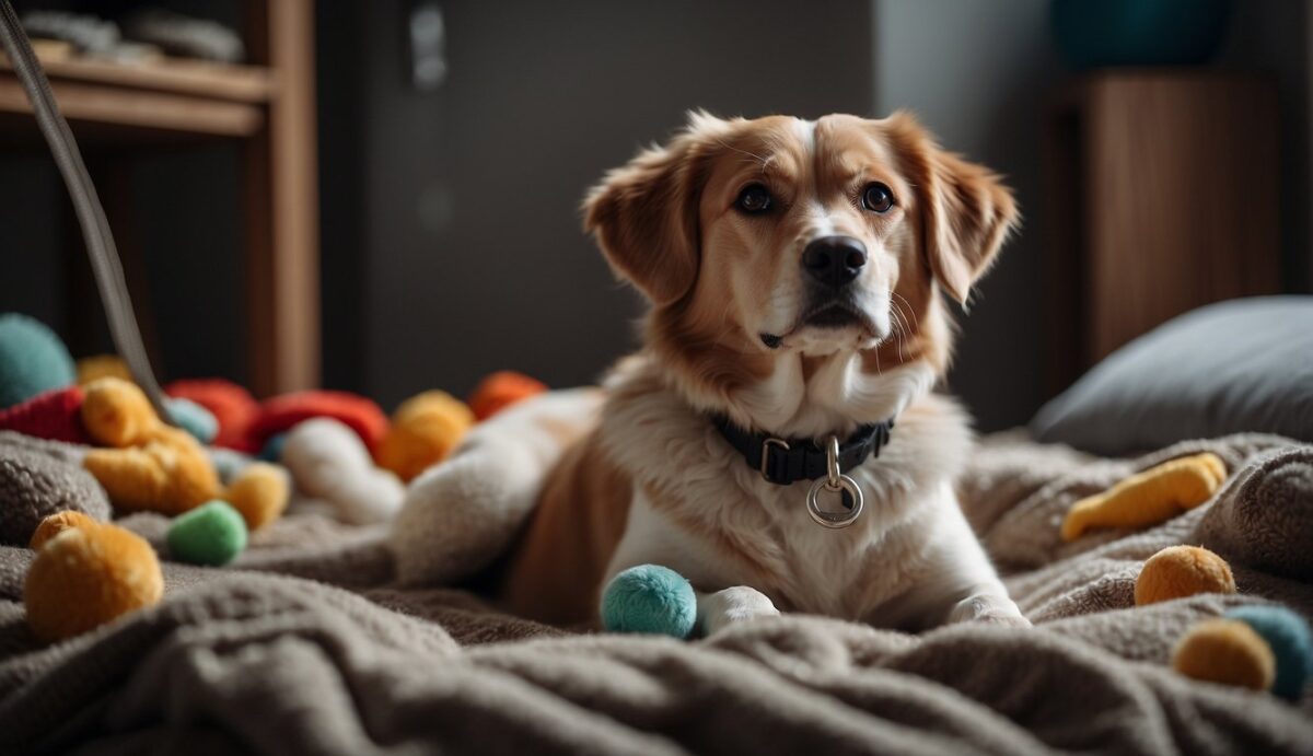 A dog's empty bed surrounded by toys and a leash, with a grieving owner looking on with a heavy heart