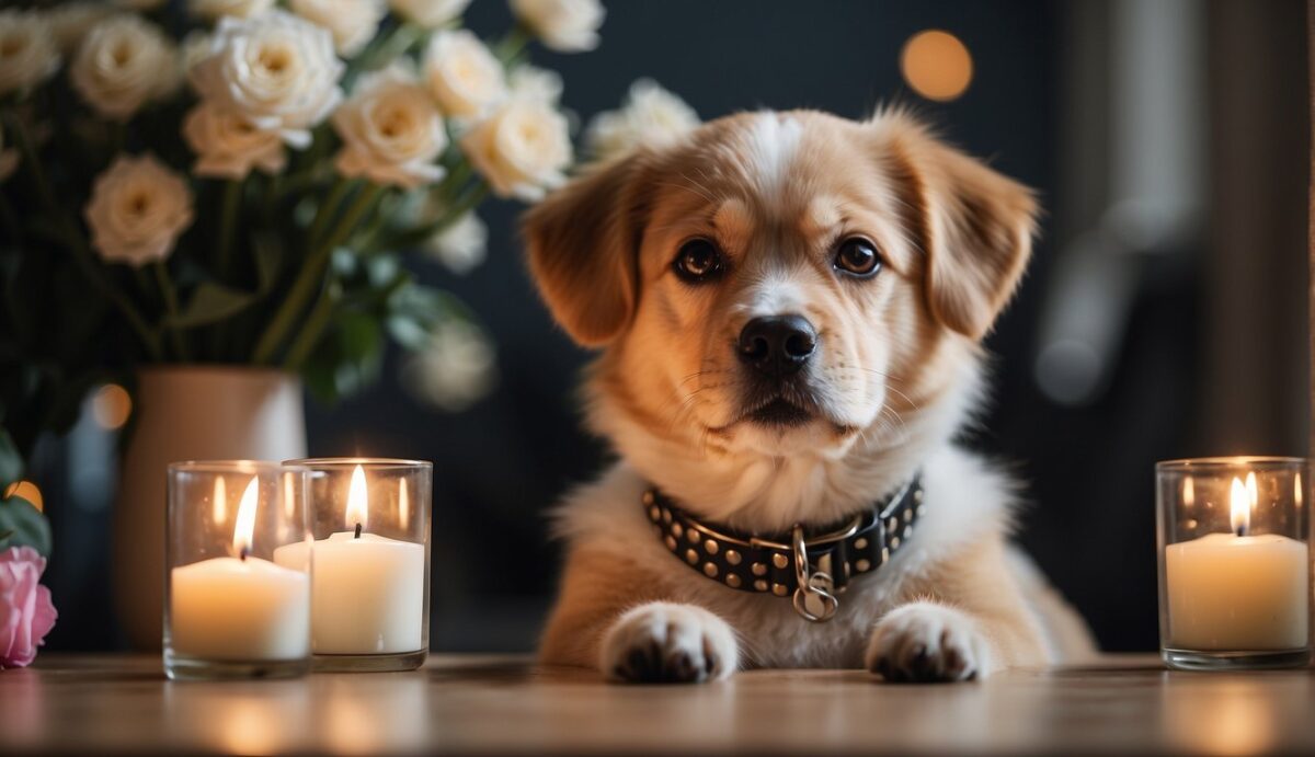 A dog's collar and favorite toy placed on a special spot, surrounded by flowers and candles, with a photo of the dog nearby
