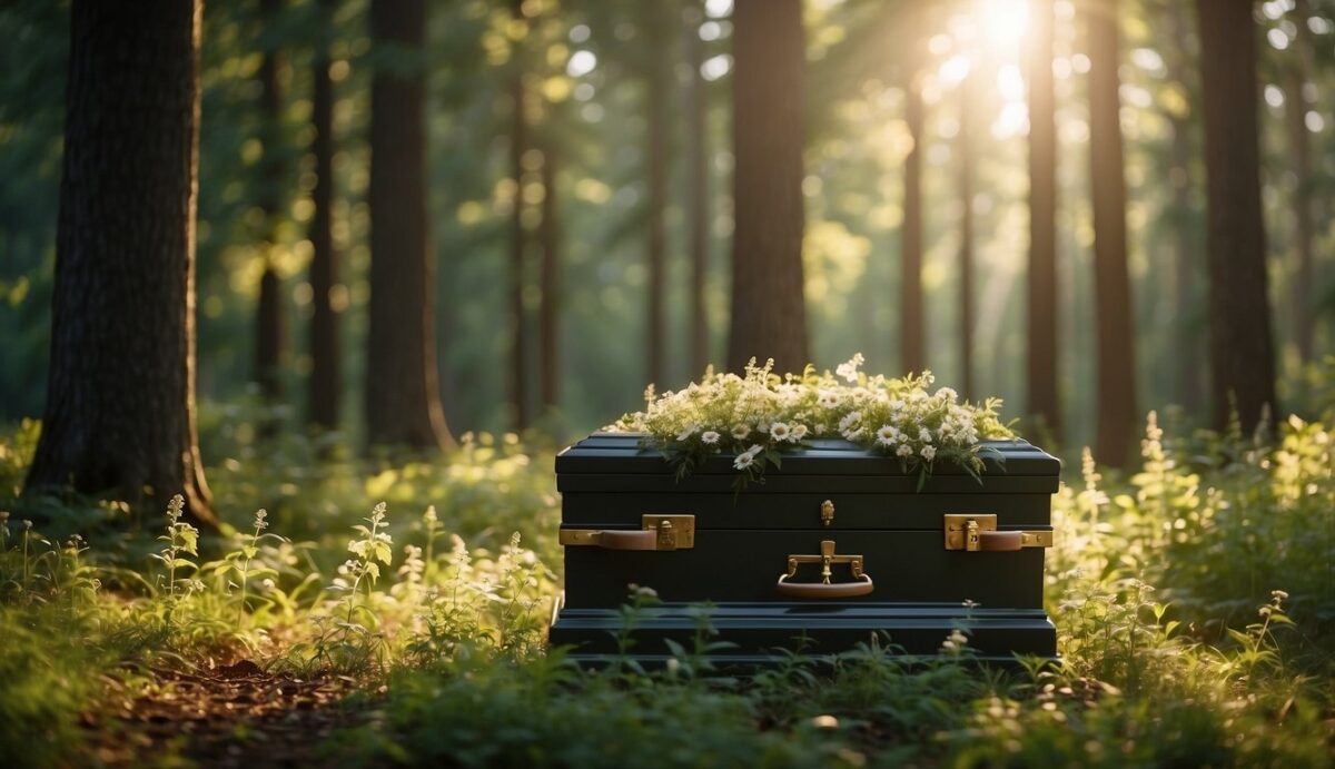 A serene forest clearing with a biodegradable pet casket surrounded by wildflowers and tall trees. The sun filters through the leaves, casting a warm glow on the peaceful scene