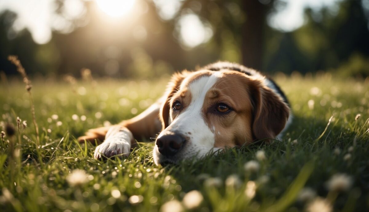 A dog lying peacefully on a grassy meadow, surrounded by a serene and comforting natural environment, with a warm and gentle sunlight shining down