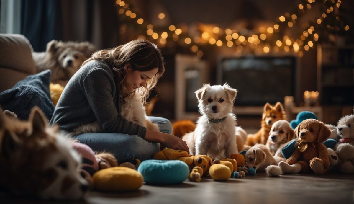 A person sitting on the ground, surrounded by their dog's toys and belongings, tears streaming down their face as they hold onto a picture of their beloved pet