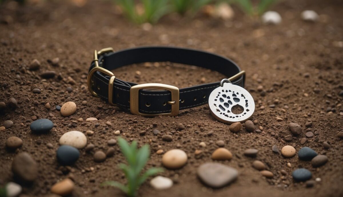 A person's dog collar lies on the ground, surrounded by scattered toys. A single paw print is imprinted in the dirt, symbolizing the absence of the beloved pet