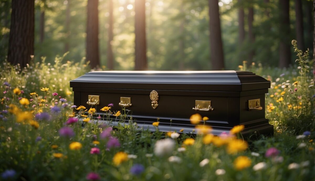 A serene forest clearing with a biodegradable casket surrounded by colorful wildflowers and gently swaying trees, symbolizing a peaceful and eco-friendly dog funeral