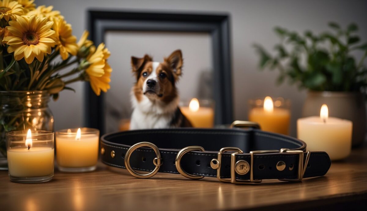 A dog's collar and leash hang on a hook next to a framed photo on a table, surrounded by flowers and candles. A bowl of water and a favorite toy sit nearby, creating a touching memorial scene