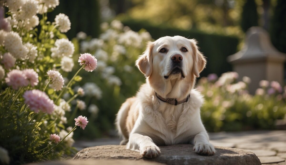 A serene garden with a gentle breeze, a lone dog's collar resting on a peaceful memorial stone, surrounded by blooming flowers and a sense of calm