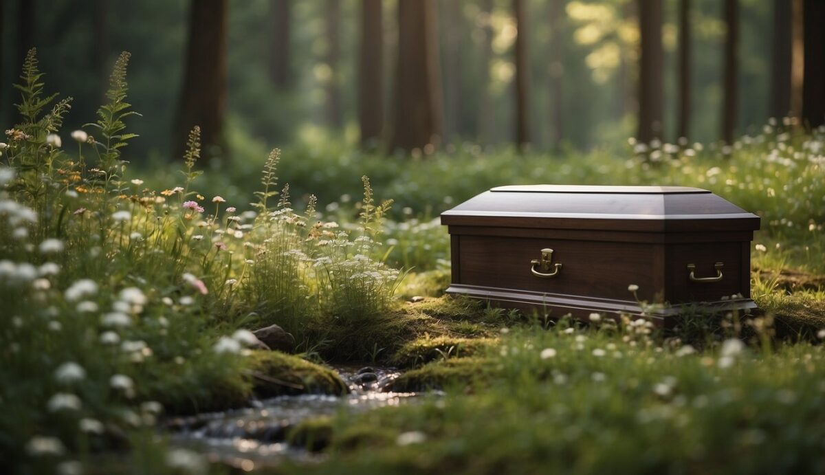 A serene forest clearing with a biodegradable pet casket surrounded by native wildflowers and tall trees. A small stream flows nearby, adding to the peaceful and natural setting