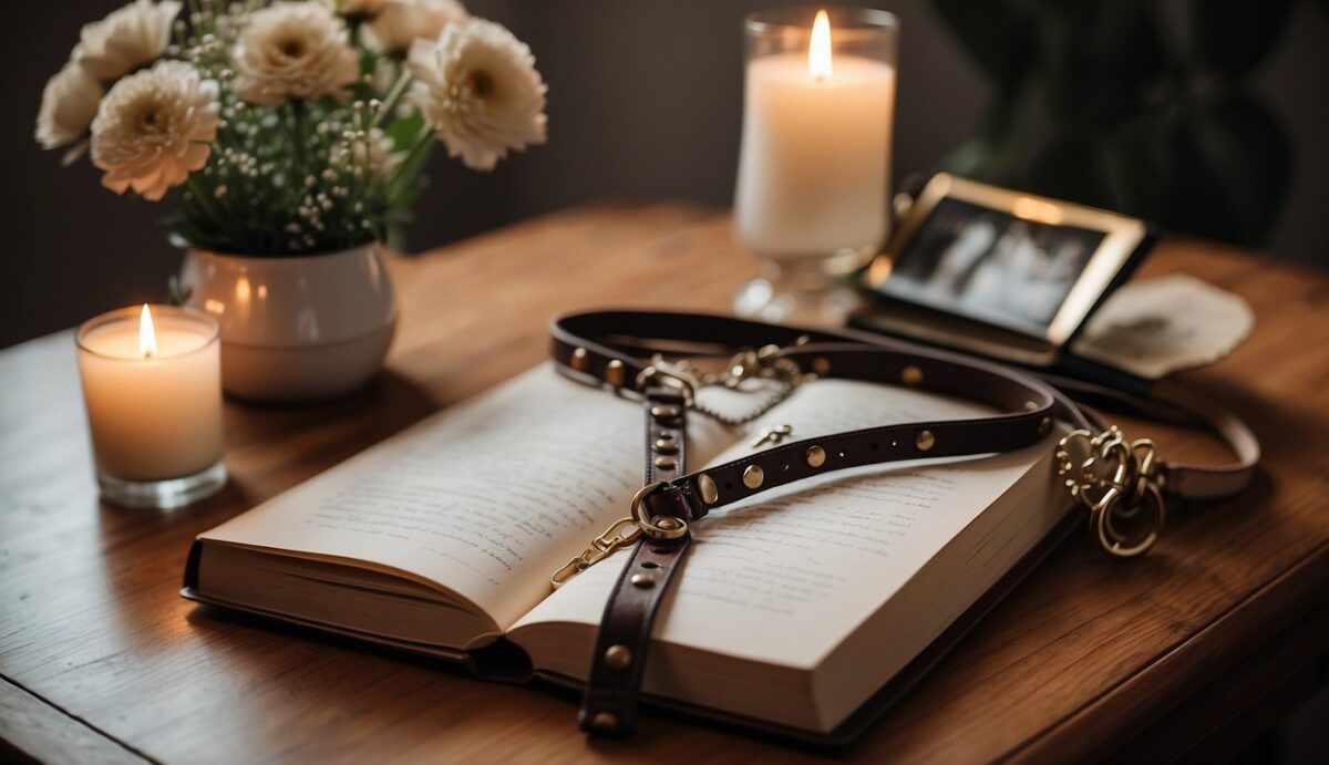 A dog's collar and leash hanging on a wall with a photo album and candles, surrounded by flowers and a journal for writing memories