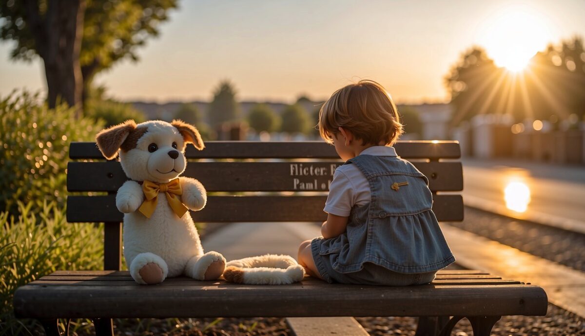 A child sits on a bench, hugging a dog plushie. Nearby, a memorial stone reads "In loving memory of our beloved pet." The sun sets behind them, casting a warm glow