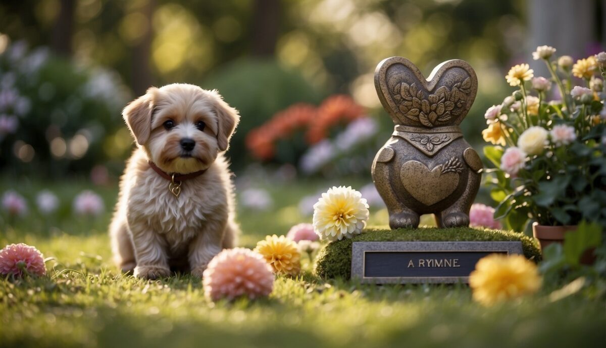 A peaceful garden with a pet's favorite toys and a memorial plaque, surrounded by flowers and trees, symbolizing the love and remembrance of a beloved furry friend
