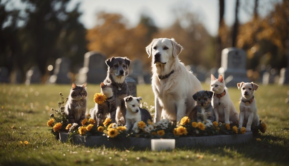 Pets gather around a memorial for their lost companion, showing signs of grief and comfort