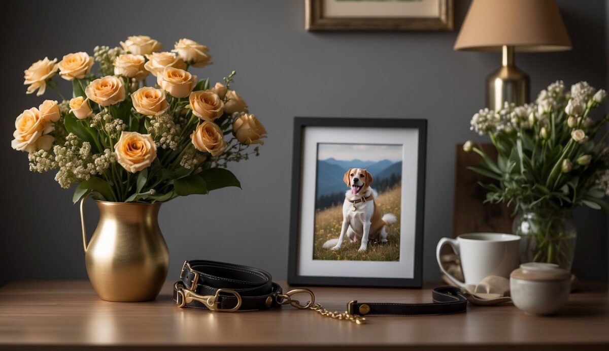 A dog's collar and leash hung on a hook, surrounded by a framed photo and a bouquet of flowers. A calendar with a circled date in the background