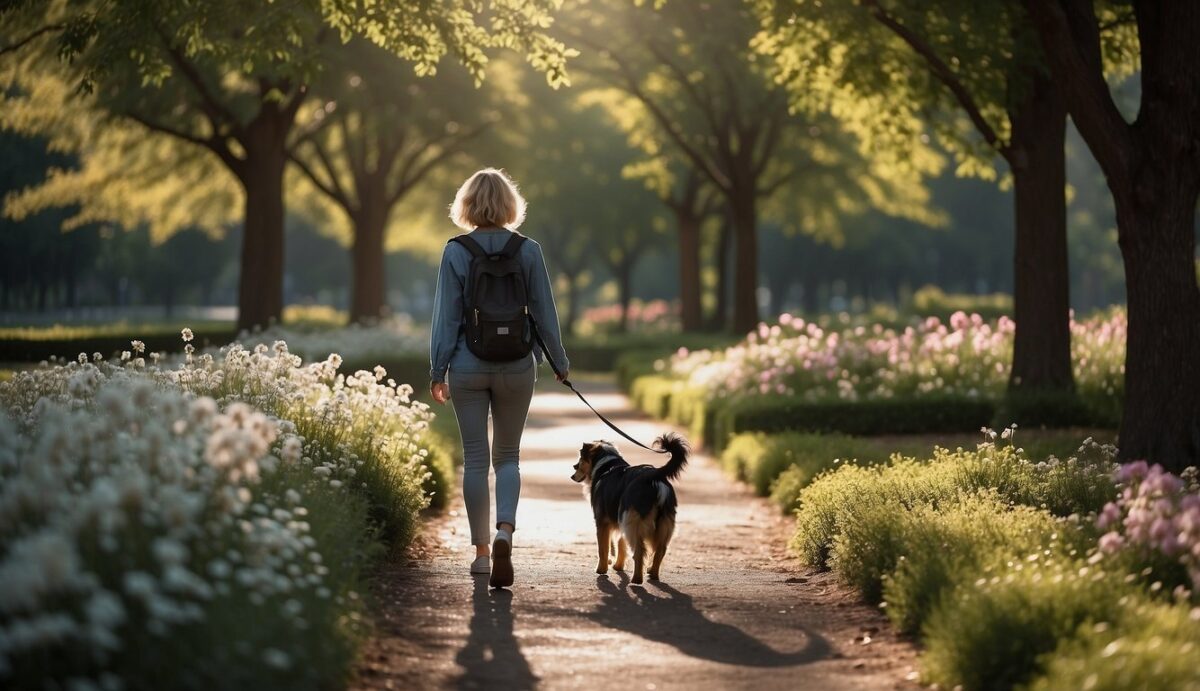 A person walking through a peaceful park, surrounded by trees and flowers, with a dog's leash in hand, looking reflective and somber