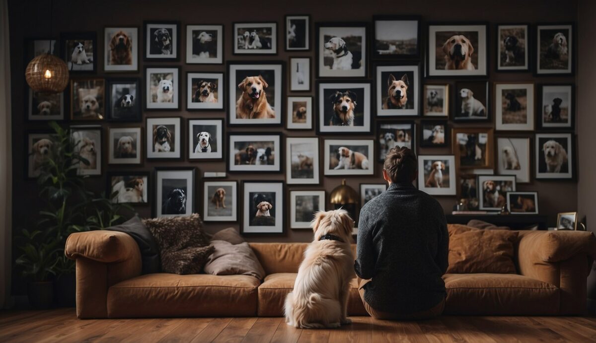 A person sitting alone, surrounded by photos of their beloved dog, looking pensive and reflective. A mix of sadness, guilt, and regret is evident in their expression