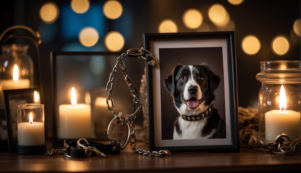 A dog's collar and leash hung on a hook, surrounded by framed photos and a lit candle, symbolizing remembrance on special occasions