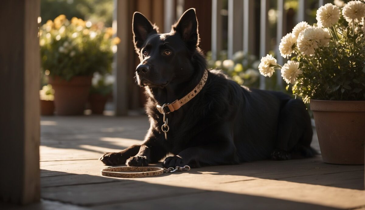 A dog's empty collar and leash sit on a sunlit porch, surrounded by wilted flowers. A shadow of a dog's silhouette is cast on the ground, symbolizing the stages of grief after losing a beloved pet