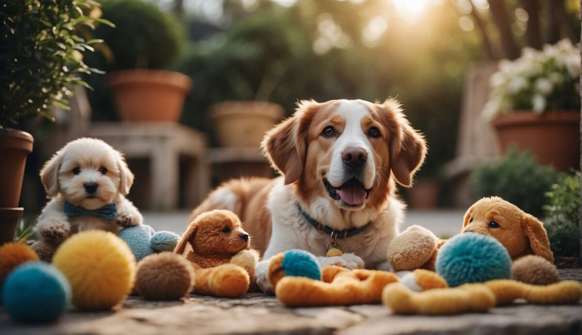A peaceful garden with a dog's favorite toys and a cozy bed, surrounded by other pets showing signs of sadness and confusion. A sense of comfort and support is present in the atmosphere