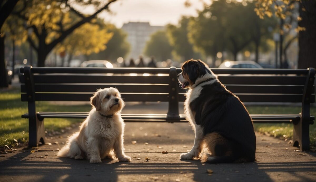 A dog owner sits on a park bench, surrounded by memories of their beloved pet. A cloud of guilt hangs over them as they wrestle with "what if" scenarios and regrets