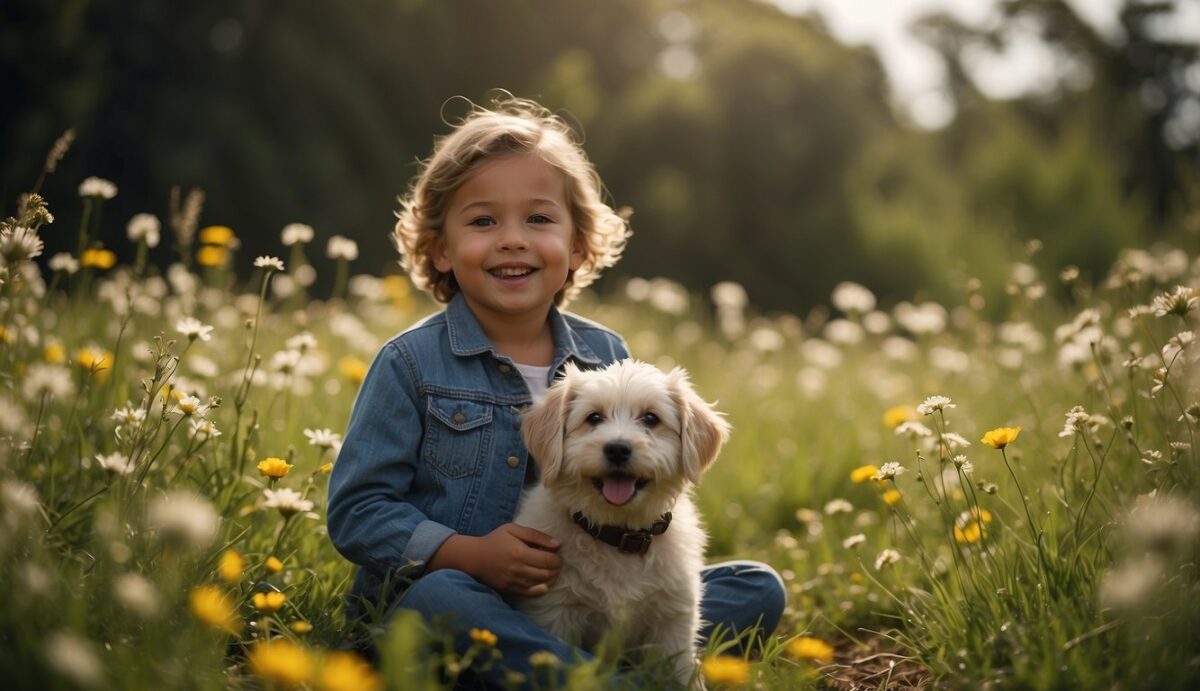 A child sits on a grassy hill, surrounded by trees and flowers. They hold a picture of their beloved dog, with tears in their eyes. A gentle breeze blows, carrying the sound of birds chirping in the distance