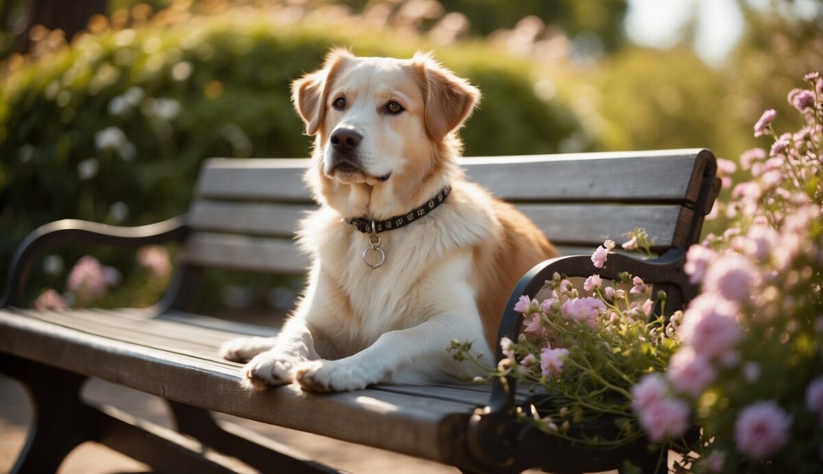 A serene garden with a dog's collar and leash resting on a bench, surrounded by blooming flowers and a gentle breeze