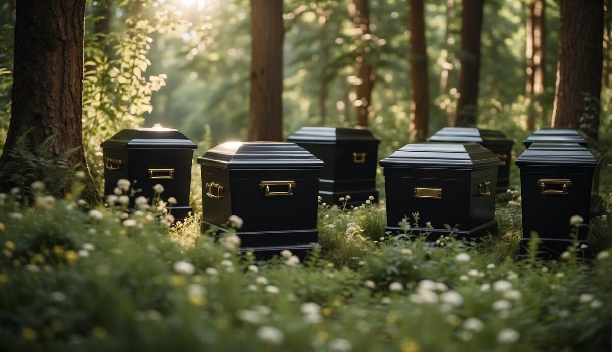 A serene forest clearing with biodegradable caskets and pet memorials surrounded by lush greenery and wildflowers, symbolizing eco-friendly dog funerals