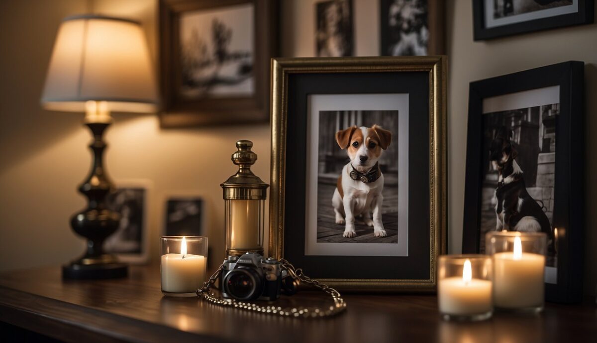 A dog's collar and leash hanging on a hook, surrounded by framed photos and a candle, symbolizing remembrance and coping with anniversaries and milestones