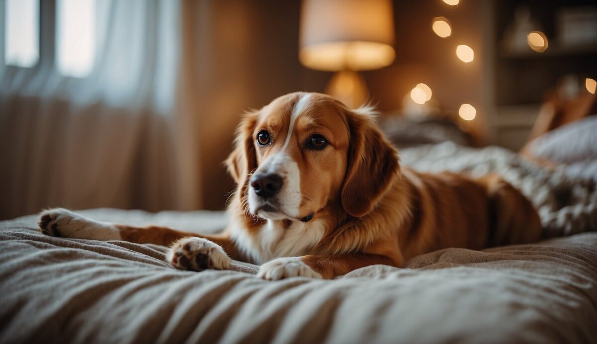 A dog lying peacefully on a soft bed, surrounded by comforting objects and memories. The room is filled with warm lighting and a sense of tranquility