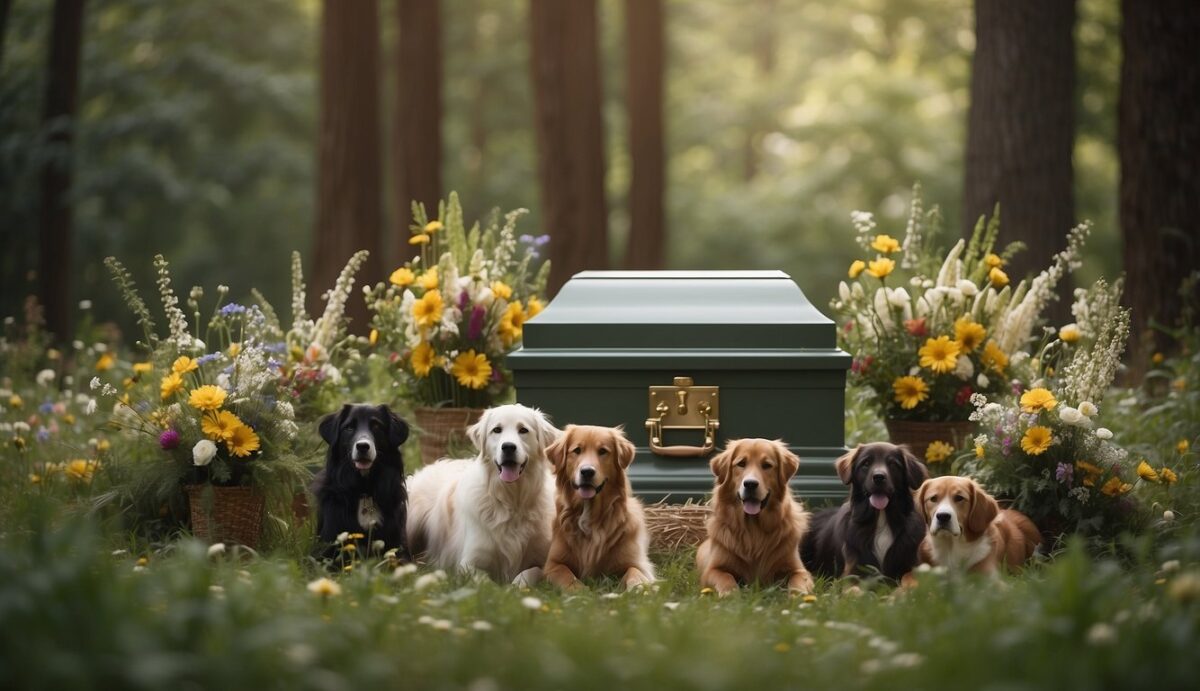 A serene forest clearing with a biodegradable casket surrounded by wildflowers. A group of dogs and their owners gather to honor their beloved pets in an eco-friendly dog funeral ceremony