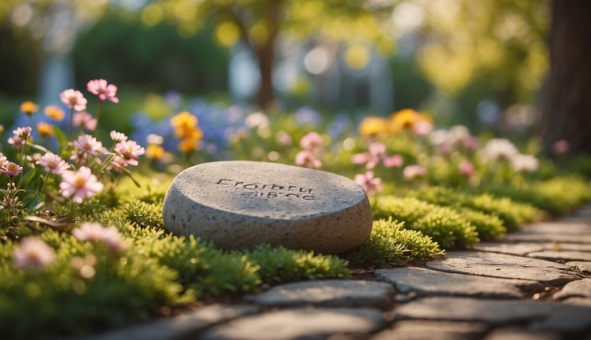 A serene garden with a small memorial stone under a blossoming tree, surrounded by colorful flowers and a gentle breeze