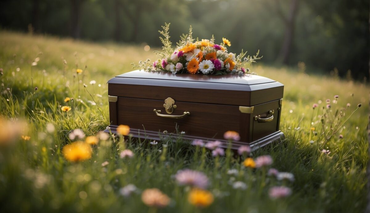 A peaceful meadow with a gentle breeze, surrounded by tall trees and colorful wildflowers. A small, biodegradable casket or urn sits atop the soft grass, adorned with natural elements like flowers or leaves