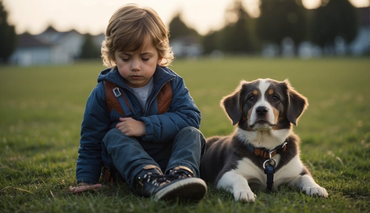 A child sitting on the grass, hugging their knees, with a sad expression while their dog's collar and leash lay on the ground beside them