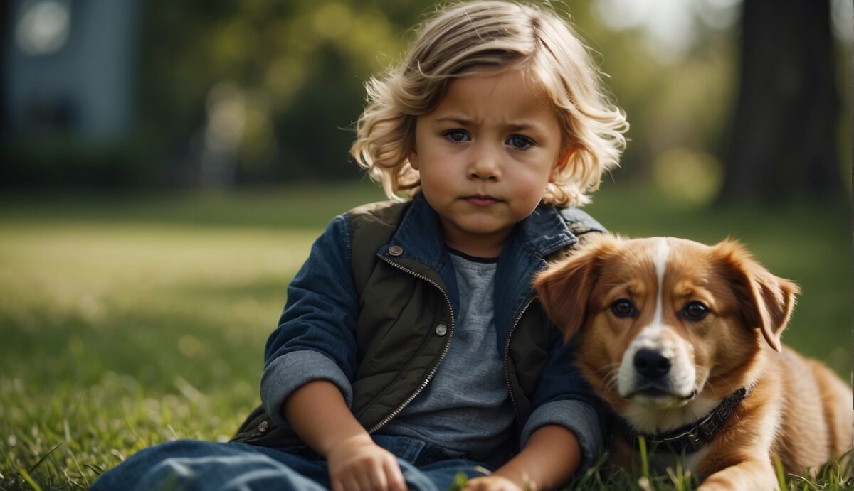 A child sitting on the grass, hugging their knees, with a dog collar and leash lying next to them. The child looks sad, with tears in their eyes, as they remember their beloved pet
