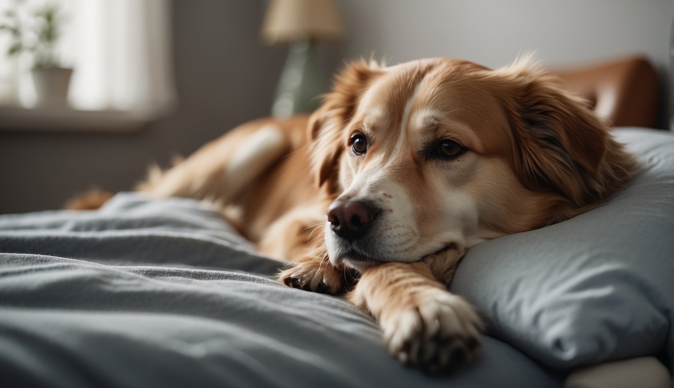 A dog lying peacefully on a comfortable bed, surrounded by loving family members and a compassionate veterinarian providing end-of-life care