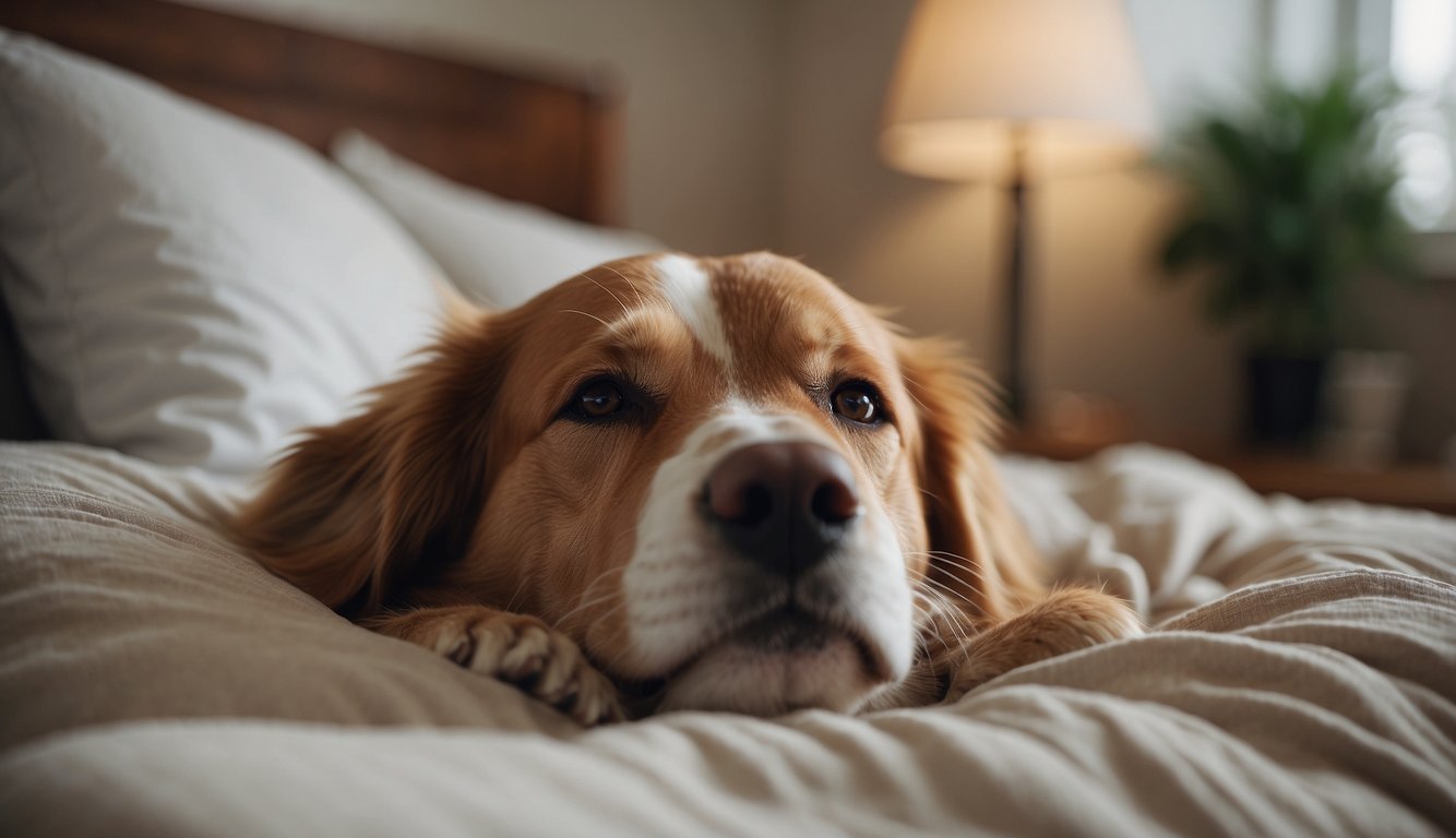 A peaceful dog lying on a comfortable bed surrounded by loving caregivers and soothing music, with gentle touches and comforting words