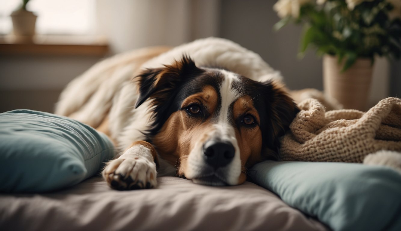 A peaceful dog lying on a soft bed surrounded by comforting objects, with a caring veterinarian providing support and comfort in a quiet hospice setting