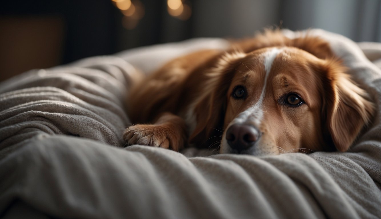 A dog lying peacefully on a soft bed, surrounded by gentle lighting and comforting blankets. A veterinarian provides compassionate care, offering support and comfort in the dog's final days